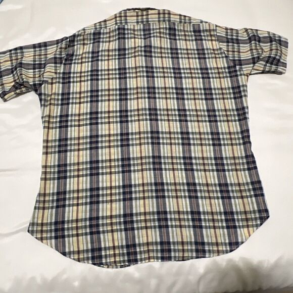 VTG JC Penny Plain Pockets Button Up Short Sleeve Shirt Plaid Men XL Blue Yellow - Picture 8 of 11